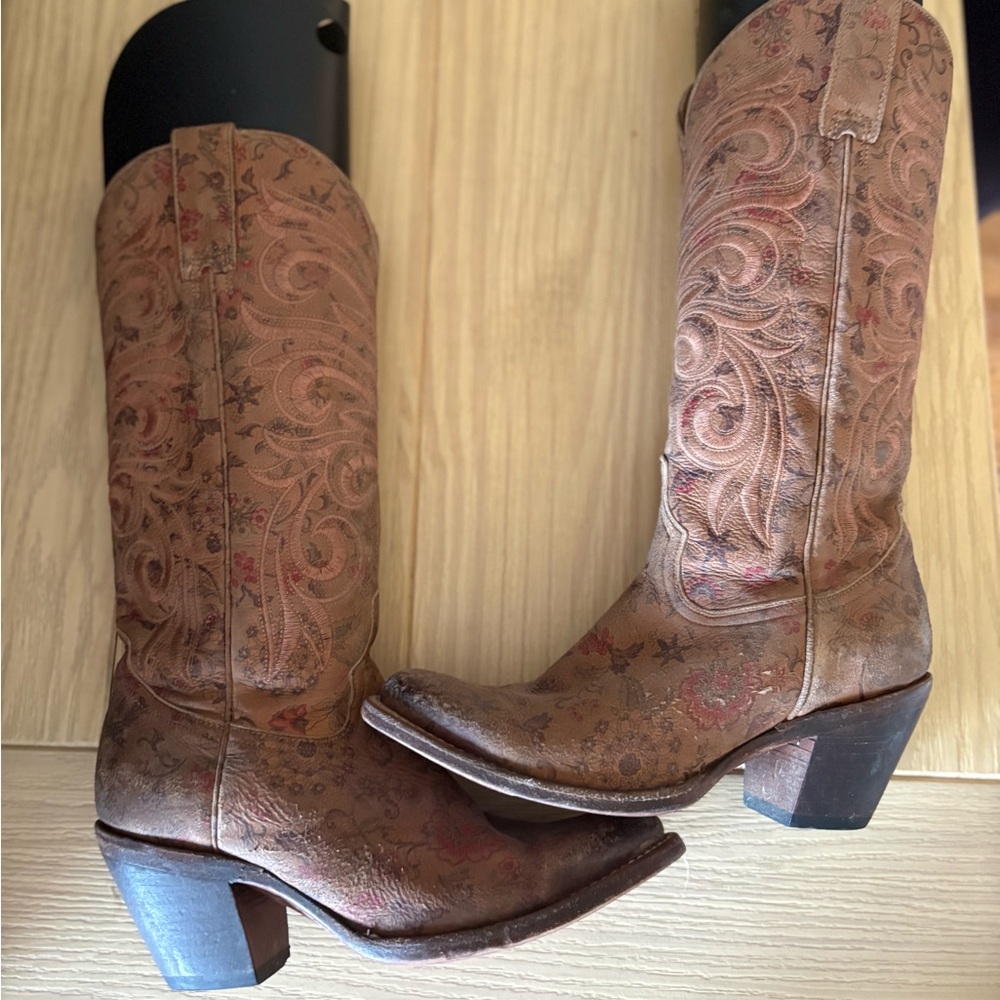 Lucchese Brown Leather Floral Embossed Heeled Cowboy Boots